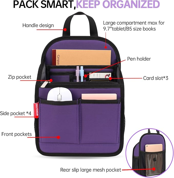 Mini Premium Rugged Backpack Purse Organizer Insert for Women Fashion Small Backpack-19 Pockets,Padded Water-repellent Nylon-Purple - Image 3