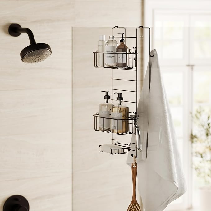 Zenna Home Shower Caddy Hanging Over the Shower Door Organizer, Stainless Steel Rack with 2 Shelves and Built in Hooks, Bathroom Organizer Shelf for Inside Shower, Heritage Bronze - Image 2