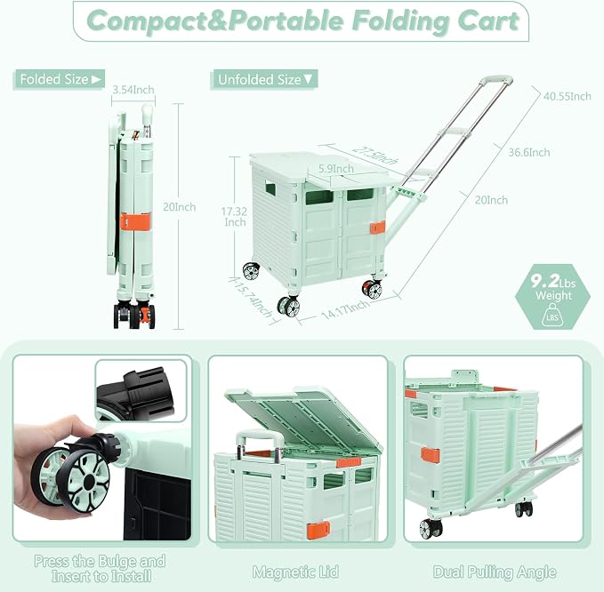 FELICON SELORSS Folding Utility Cart Portable Rolling Crate Handcart-Green | Adjustable Handle+Extended Magnetic Lid,Storage Basket Box,4 Swivel Wheels Tote for Teacher Move Shop Travel Grocery Office - Image 6