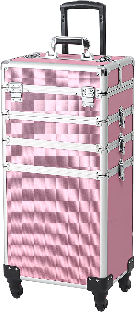 Karl home 4 in 1 Makeup Train Case Rolling Cosmetic Trolley Large Capacity Travel Organizer with Key 360°Swivel Wheels for Beauticians Hairstylists Nail Tech Students, Pink by Karlhome