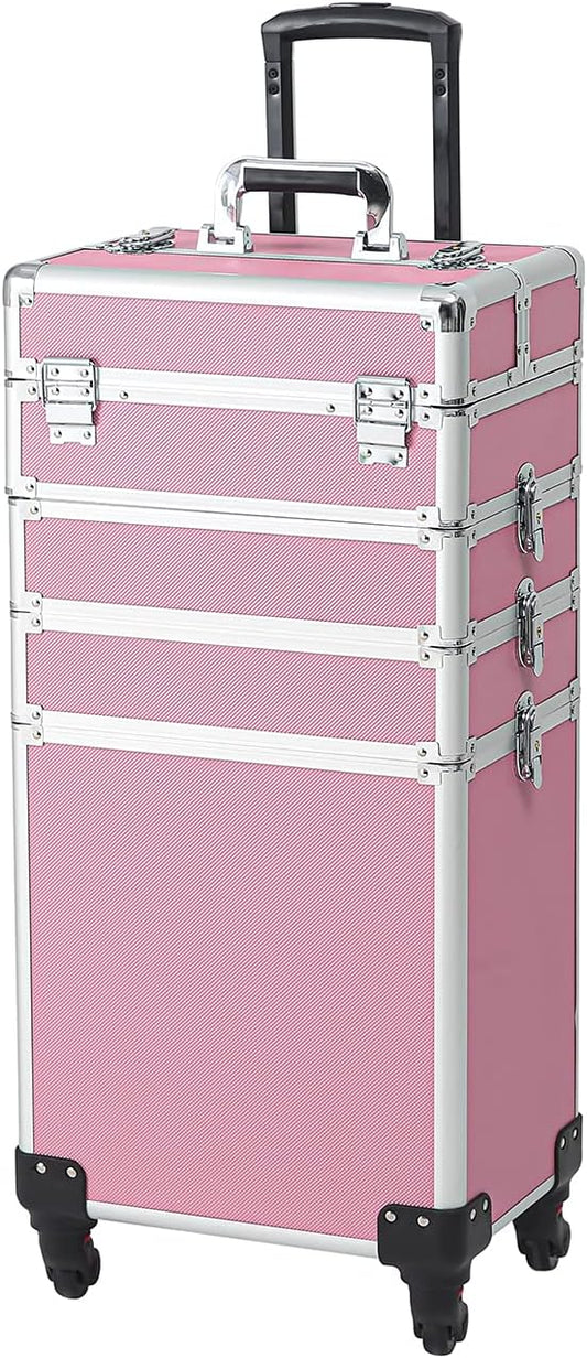 Karl home 4 in 1 Makeup Train Case Rolling Cosmetic Trolley Large Capacity Travel Organizer with Key 360°Swivel Wheels for Beauticians Hairstylists Nail Tech Students, Pink by Karlhome