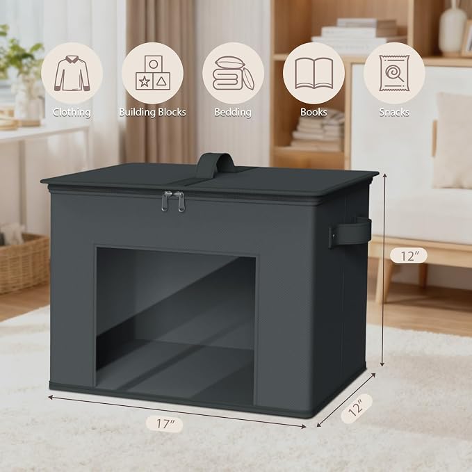 Zilink Fabric Organizer Bins with Lids 4-Pack Collapsible Stackable Storage Bins with Zipper & Clear Window Closet Organizer Storage Bins for Home, Office, Bedroom (Dark Grey,17" x 12" x 12") - Image 2