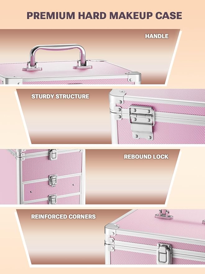 Qislee Makeup Box with Detachable Magnetic LED Mirror, Travel Train Case | Cosmetic Organizer, 2 Drawers for Skincare Products, Nail Polish, Waterproof Hard Makeup Case, Gift for Women, ICY Pink - Image 4