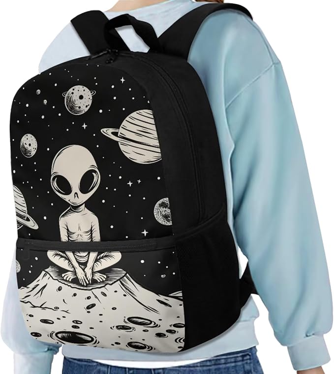 Space Alien Backpack Set with Lunch Box, Water Bottle Pouch, and Pencil Case for Boys & Girls, 17" Large School Bag - Image 2