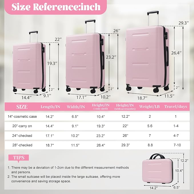 6 Pcs ABS Hardshell Luggage Set Spinner Wheel Suitcase Suitcase Baby Pink - Image 7