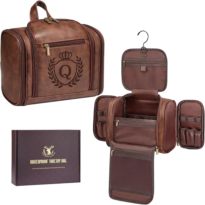 Personalized Easter Gifts for Men Large Leather Travel Toiletry Bag Hanging Shaving Dopp Kit Bathroom Shower Waterproof Case, Birthday Gifts for Father Dad Husband Boyfriend Cognac Letter Q by Aganmi