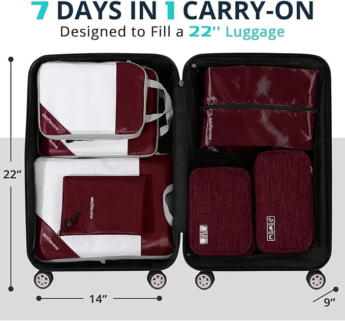 NICOSHOW 7 Set Compression Packing Cubes for Travel - Compressible, Lightweight, and Space-Saving Packing Cubes, Travel Essentials for Women, Wine - Image 6