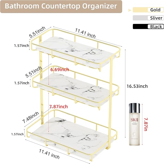 Bathroom Organizer Countertop Perfume Organizer Makeup Organizer Cosmetics Storage Display Rack Vanity Tray Dresser Stainless Steel Gold Shelf White Marble Ceramic Tray - Image 4