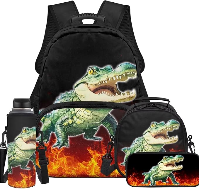 Flame Crocodile Boys School Backpack with Lunch Box Bag Kindergarten School Supplies for Kids Ages 6-10 Boys Polyester Fabric Lightweight Fortable Back to School Backpack Gift by Unknown