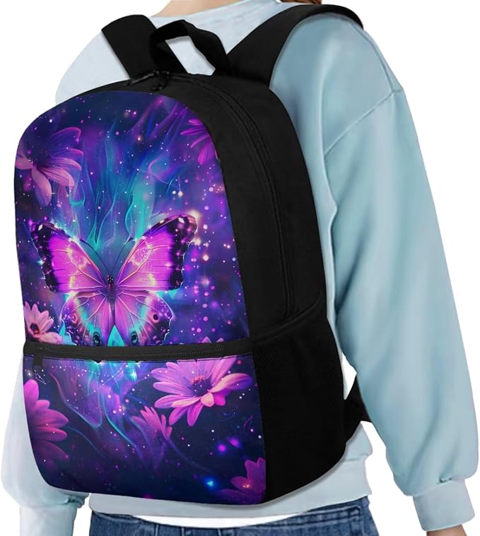 Galaxy Butterfly Backpack for Girls Kids Backpack with Lunch Box Water Bottle Pouch and Soft Pencil Case 4PCS Set Bookbag with Front Pocket for School Teens 17 inch School Bag with Side Pocket - Image 2