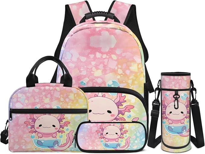 4 in 1 Kids Backpack Bookbag Set Cartoon Axolotl Backpacks School Bookbag with Lunch Box Bag and Pencil Bag Water Bottle Carrier Bag Set for Kids Teen Girls by Unknown