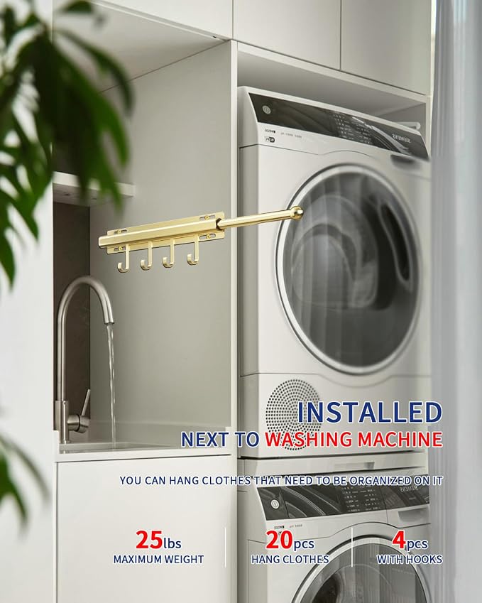 BaiNong Valet Rod for Closets Pull Out 12" Gold with 4 Hooks | Closet Valet Rod Slide Out for Closets, Laundry Rooms, RVs Space-Saving - Image 5