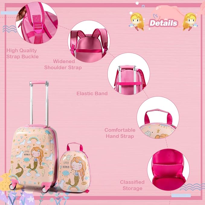 HONEY JOY Kids Luggage, 12" Toddler Backpack & 18" Travel Suitcase with Wheels, Lightweight Toddler Girls Suitcase, Durable ABS Hardshell, 2Pcs Carry On Luggage Set for Boys Girls, Pink Mermaid - Image 8