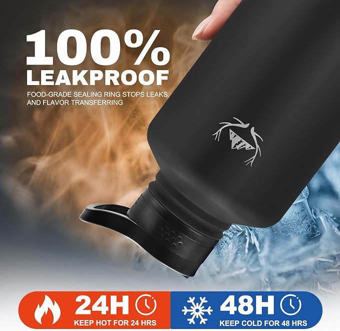 NATURE PIONEOR 64 oz Insulated Water Bottle with Carrier Bag & 3 Lids | 18/8 Food-grade Stainless Steel, Double Vacuum Insulation, 3 Leak-proof Lids, Strap, Camping, Hiking, Gym, Work - Image 3