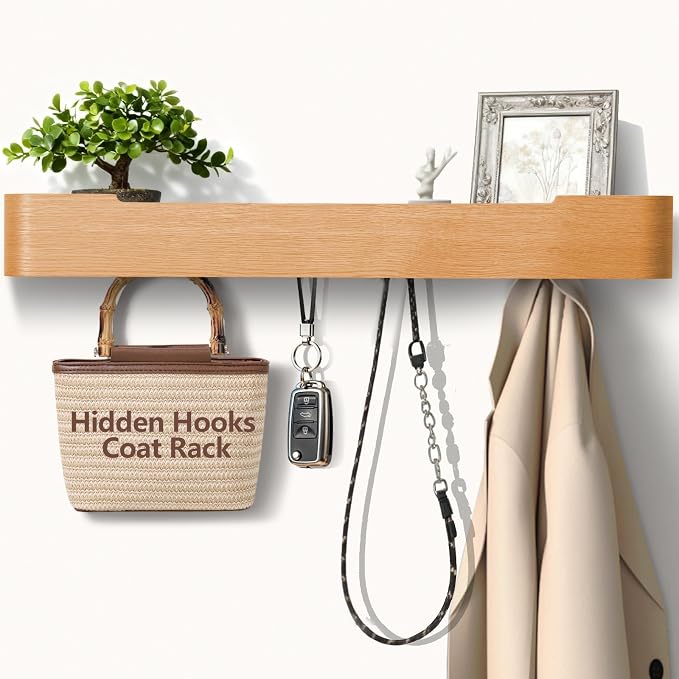 Coat Rack Wall Mount with Hidden Hooks Modern Key Holder Wood Entryway Hook with Shelf for Bedroom Kitchen Hallway Bathroom Designed for Hanging Coats Hats Bags Towels Dog Leashe(Oak,8 Hooks) by Jadoxy