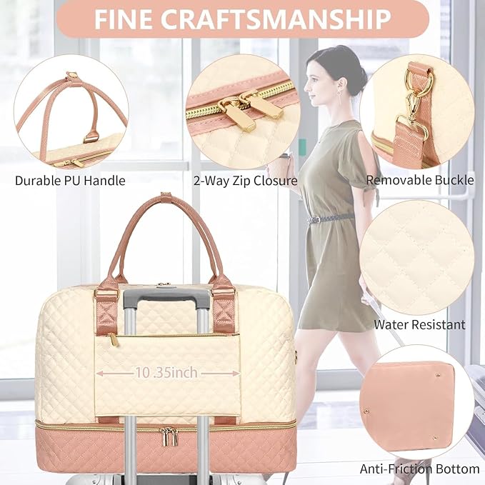 Wogarl 3PCS Weekender Bags for Women Large Overnight Bag Weekend Travel Duffel Bag Carry on Shoulder with Shoe Compartment Canvas Toiletry Bag for Travel Business Gym,Pink Beige - Image 2