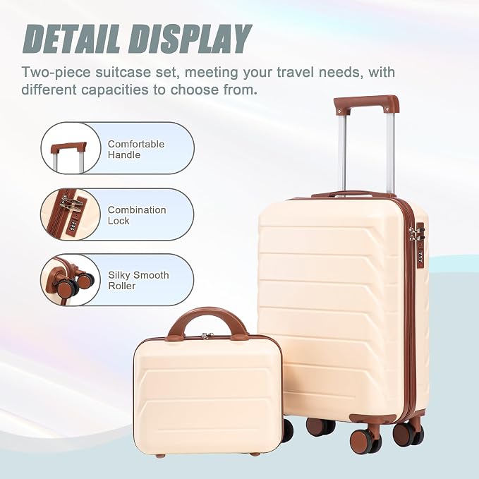 GDFStudio 14/20 Inch 2 Piece Luggage Set with Cosmetic Bag,ABS Hard Shell Spinner Suitcase with Combination Lock,360° Silent Wheels,Retractable Handle, Carry On Travel Luggage with Vanity Case,Beige - Image 4