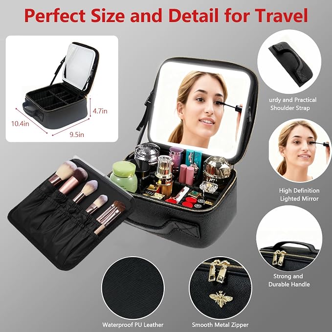 Travel Makeup Bag with Light Up Mirror, Portable Makeup Bag with Led Light Women Waterproof Makeup Travel Case adjustable dividers Rechargeable Vanity Mirror with 3 Color Lights (NO Shoulder Strap) - Image 4