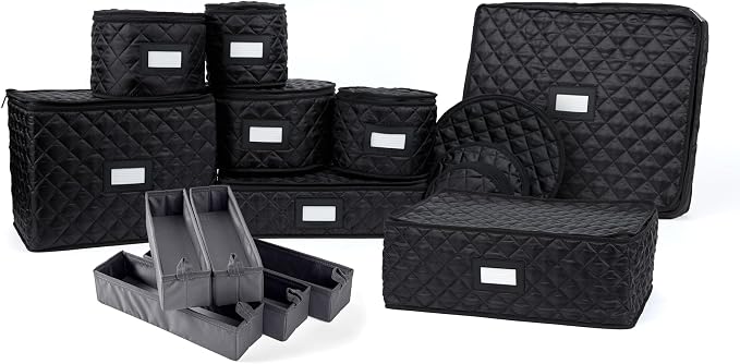 Covermates Keepsakes Dish Storage Set – Padded China & Dinnerware Storage Cases with Dividers, Cup & Stemware Storage, Quilted Polyester Protection, ID Window, Black by Covermates