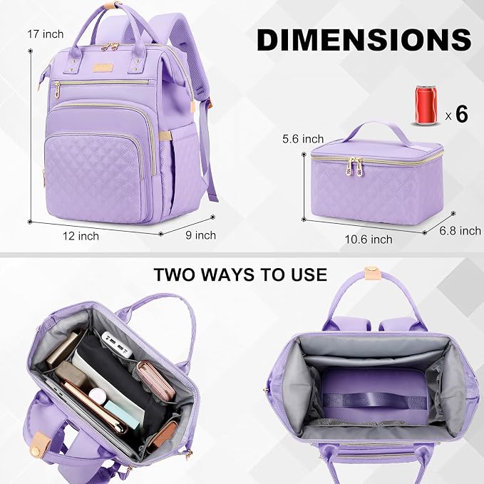 AIJIEKE Lunch Backpack for Women, 15.6 Laptop Backpack, Lunch Box, Purple | Water resistant computer bag with insulated leakproof cooler. Travel meal prep backpack for nurse, teacher, college commute - Image 6