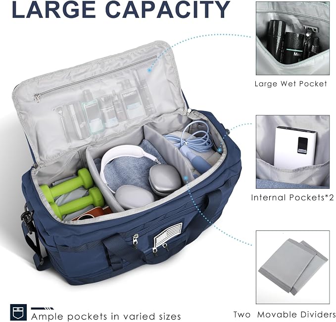 Travel Bag for Men Women, Gym Bag & Tactical Duffle Bags for Travel, Carry on with Toiletry Bag and Shoe Compartment, Weekender Overnight Trip with Wet Pocket for Workout Medical, Blue - Image 2