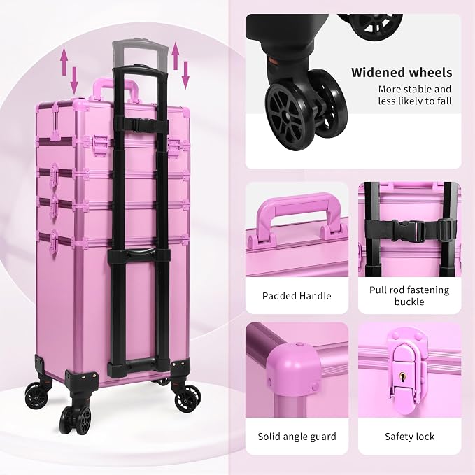 Rolling Makeup Train Case with Lid Cosmetology Case on Wheels | 5 in 1 Large Cosmetic Trolley Organizer Travel for Hairstylist Artist Nail Beauty Salon Barber Cart Trunk, Pink - Image 5