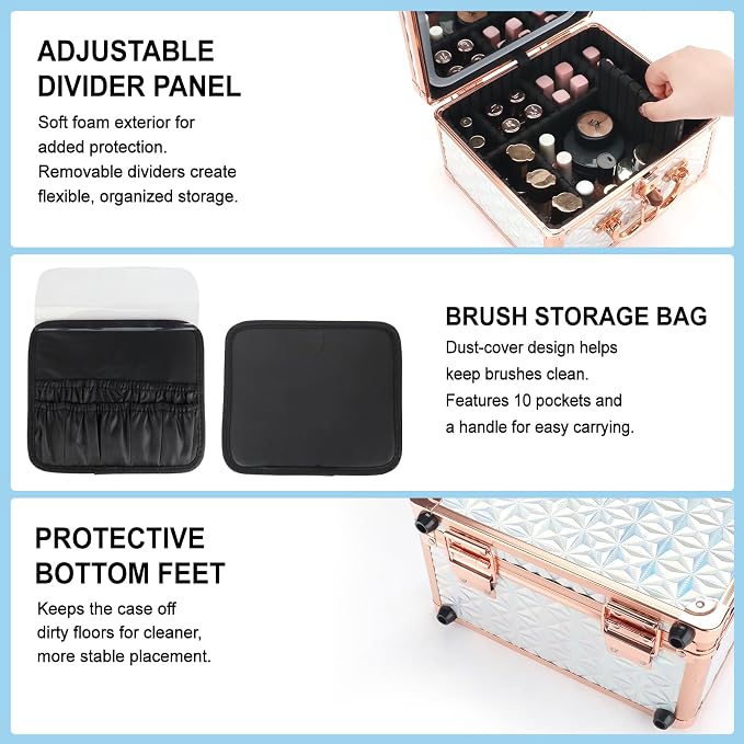 Makeup Case with LED Mirror, Portable Lockable Vanity Case, Travel Makeup Train Box for Women, Cosmetic Organizer, Detachable 3-Color Lighted Mirror, Adjustable Dividers, Brush Holder - Image 4