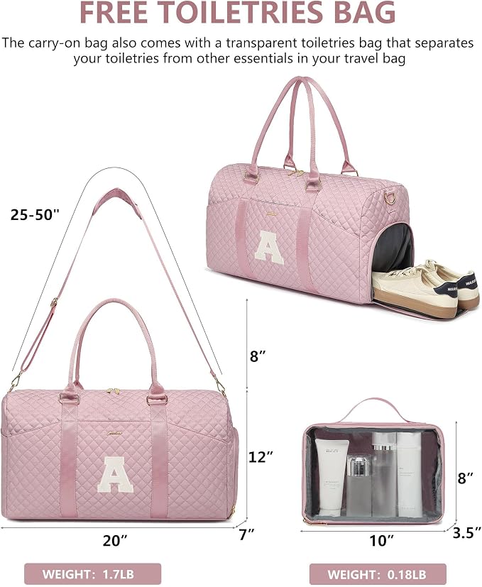 Women Weekender Travel Duffle Bag: Initial Duffel Overnight Bags with Shoe Compartment Large Carry on Tote with Toiletry Bag Weekend Traveling Yoga Gym Hospital Bag for Women with Wet Pocket Letter A - Image 3