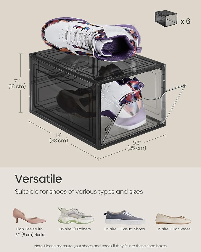 SONGMICS Shoe Boxes, Set of 6, Clear Plastic Shoe Storage, Stackable Sneaker Box, Drop Front Door, Up to US Size 11, Easy Assembly, 13 x 9.8 x 7.1 Inches, Transparent Black ULSP406B01V1 - Image 6