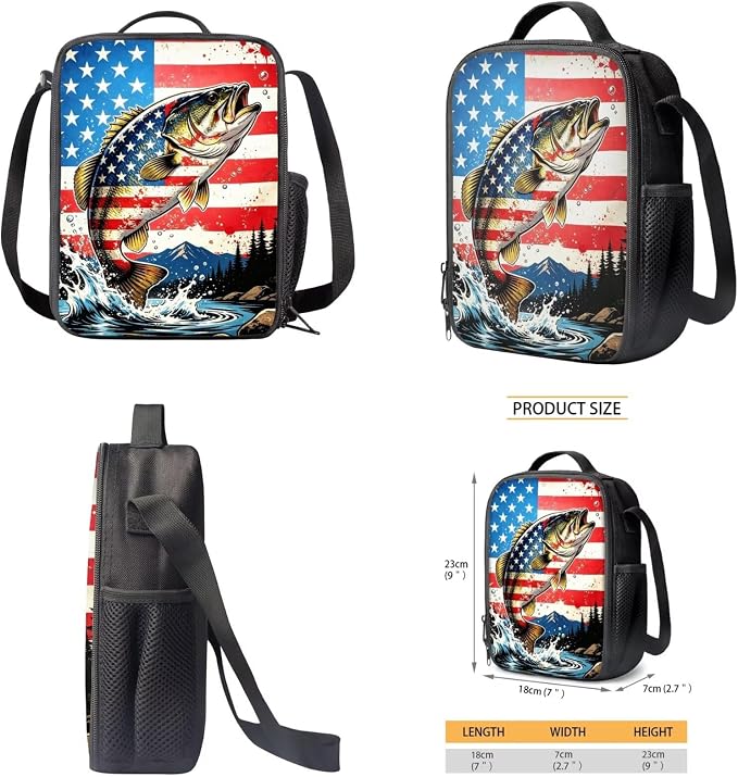 Bass Fish American Flag Boys Backpack and Lunch Bag 4 Piece Set, Padded Shoulder Strap Large Capacity Lightweight School Bag Kids Ages 6-12, 17 Inch Waterproof Organized Bookbag - Image 5