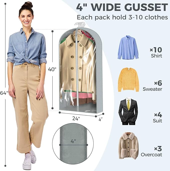 1 Pcs 40" Garment Bags for Hanging Clothes, Clear Suit Bags for Closet Storage Clothing Storage, Garment Bags Shoulder Covers with 4" Gussets for Coats, Jackets, Shirts and Sweater - Image 2