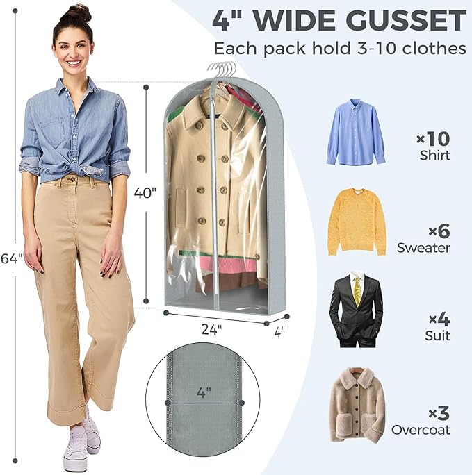 10 Pcs 40" Garment Bags for Hanging Clothes, Clear Suit Bags for Closet Storage Clothing Storage, Garment Bags Shoulder Covers with 4" Gussets for Coats, Jackets, Shirts and Sweater - Image 2