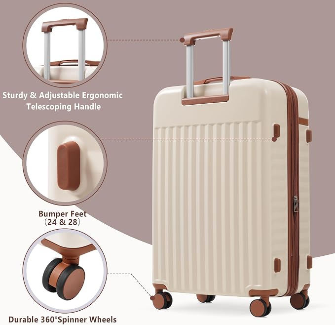 Merax 3 Piece Luggage Sets, Hardside Lightweight Carry on Suitcase | Durable Expandable Luggage with Travel Bags Spinner Wheels and TSA Lock,White and Brown - Image 3