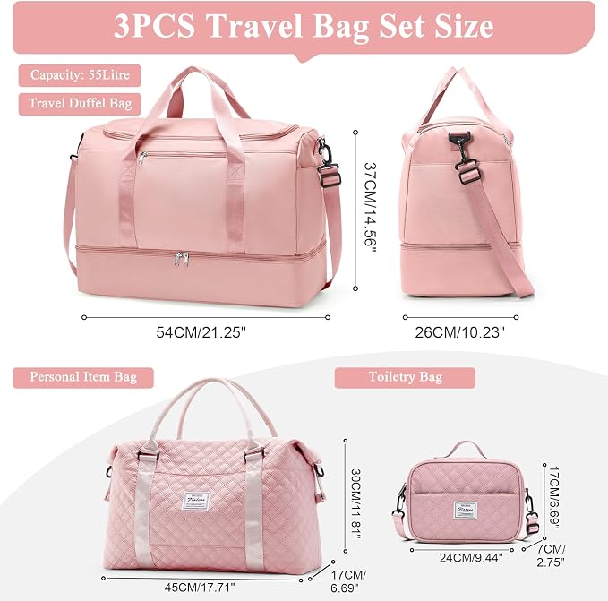 Extra Large Travel Duffle Bag,Carry-on Overnight Bag with Shoes Compartment,Weekender Bags for Women for Travel Business Trips Sport Hospital,3 Pcs Set,Pink - Image 4