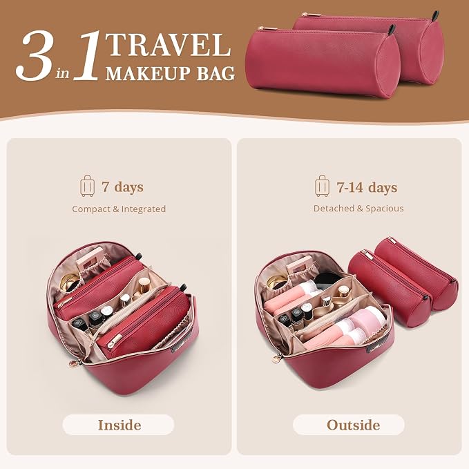 Travel Makeup Bag for Women: 3-in-1 Large Capacity Cosmetics Organizer with 2 Detachable Pouch - Vegan Leather Flat Open Toiletry Bag - Portable Travel Essentials for Full-Sized Bottles(Red) - Image 2