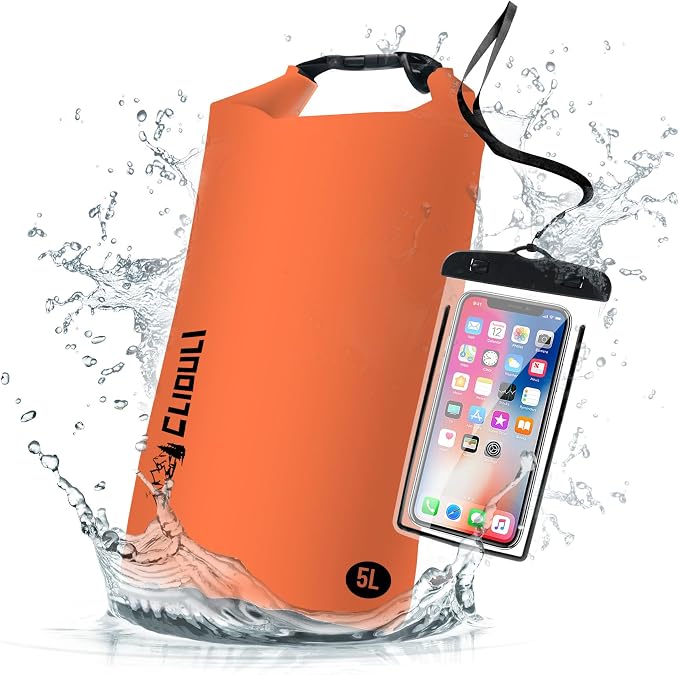Waterproof Dry Bag,Roll Top Orange Small Waterproof Backpack 2L/5L/10L/20L/30L/40L Floating Lightweight Bags for Kayaking, Boating, Fishing, Swimming Camping with Waterproof Phone Case by Cliduli