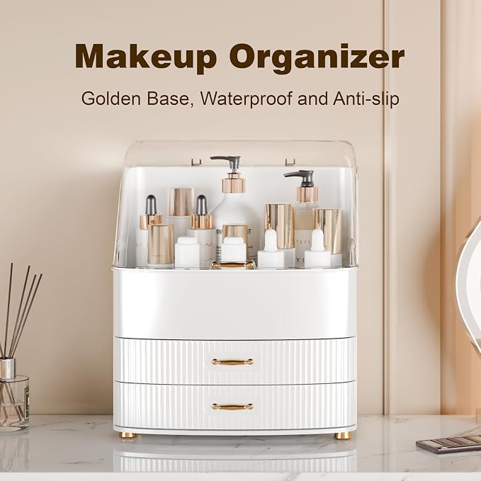 Makeup Organizer Countertop Vanity with Transparent Lid Drawers Waterproof Dustproof Cosmetic Skincare Bathroom Storage Gift for Women Teens Girls (White) - Image 2