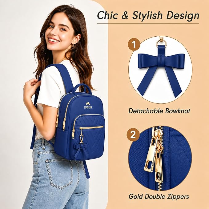 MATEIN Blue Mini Backpack, Small Cute Bookbag Purse for Women, 2pcs Sets | Waterproof Lightweight Fashion Daypack, Ladies Teen Girls Casual Daily Shoulder Bag, Handbags for Travel Work School College - Image 5