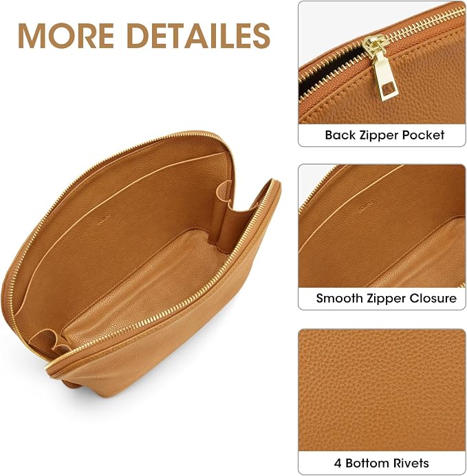 Kattee Leather Makeup Bag, Travel Cosmetic Bag Set, Toiletry Bag Organizer for Women, 2-PACK, Brown - Image 5