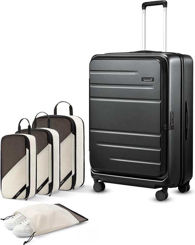 LUGGEX Checked Suitcase with Spinner Wheels and Travel Packing Cubes Bundle,FLO5 Top Opening Expandable Polycarbonate Hard Shell Suitcase (FX-Core, Black, 28 Inch) by LUGGEXLUGGAGE