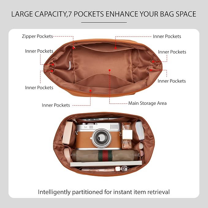 Picotin 22 Bag Insert Premium Nylon, Luxury Smooth Picotin 22 Purse Organizer Insert with Zipper Pockets, Soft Touch Inner Liner for Women's Handbags(PC22, Gold Brown) - Image 3