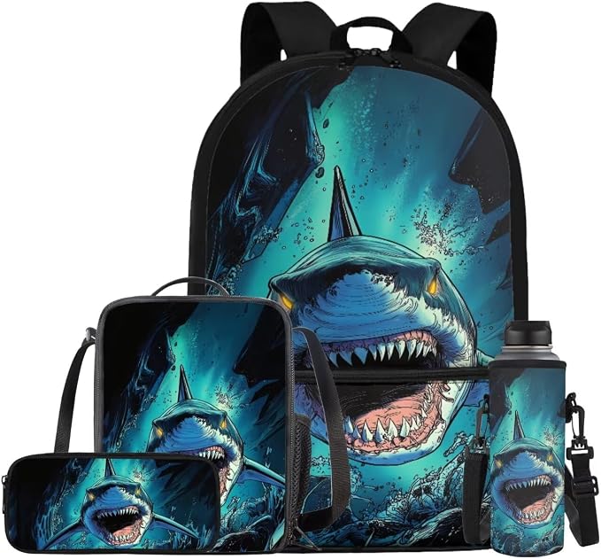 Shark Backpack and Lunch Box Set Boys Preschool Elementary Middle School Bookbag Lightweight Large Capacity Shoulder Laptop Daypack for Travel Back to School Gifts for Students by Bivxisrvo