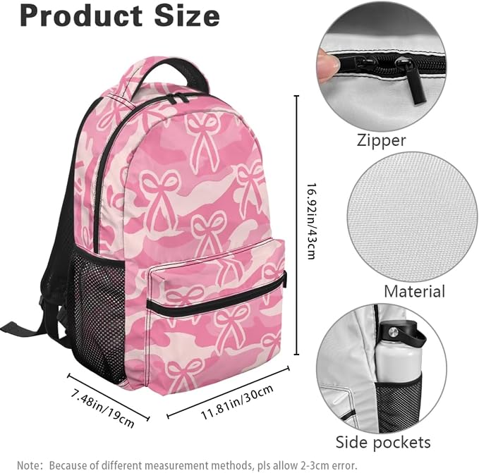4-Piece Girls Camo Bow School Backpack Set for Kindergarten Elementary Students, Camouflage Pink Ribbon Bookbag and Lunch Bag, Lightweight Water Resistant School Bag - Image 4
