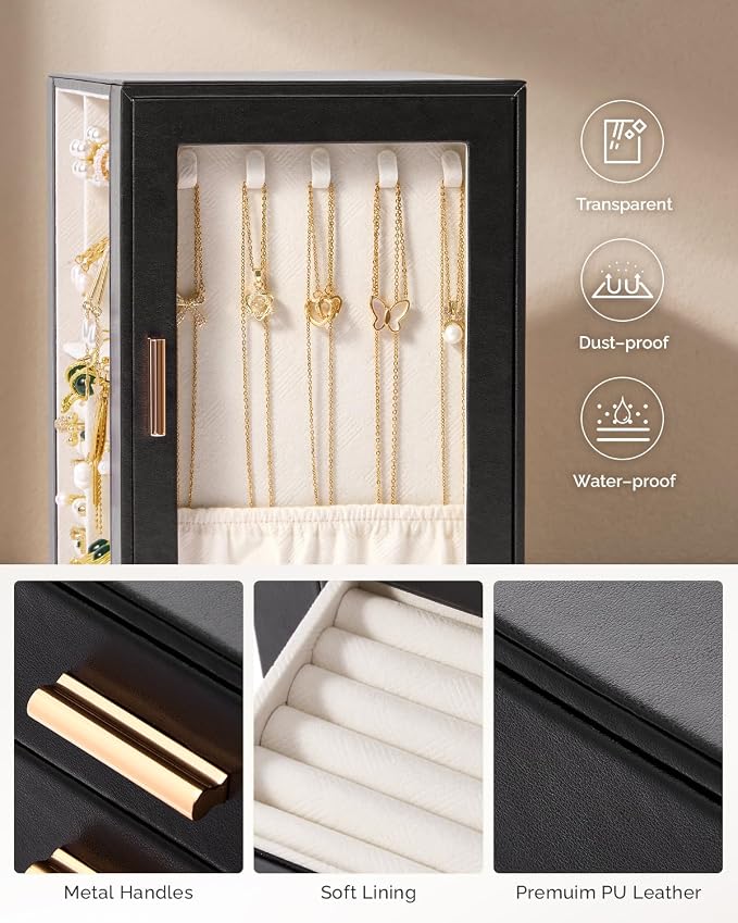 CASEGRACE 360° Rotating Jewelry Box Organizer, Jewelry Storage with 5 Drawers, Clear Window, Jewelry Display Case for Bracelets, Necklaces, Earrings, Rings, Black - Image 4
