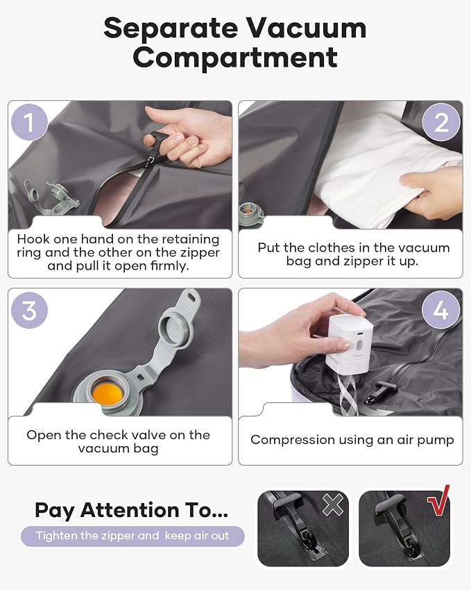 winspansy Vacuum Backpack Travel with Pump Carry on Luggage Flight Approved Essentials Personal Item Travel Bag with Vacuum System Waterproof Compression Backpack for Women Men Mochila de Viaje Purple - Image 4