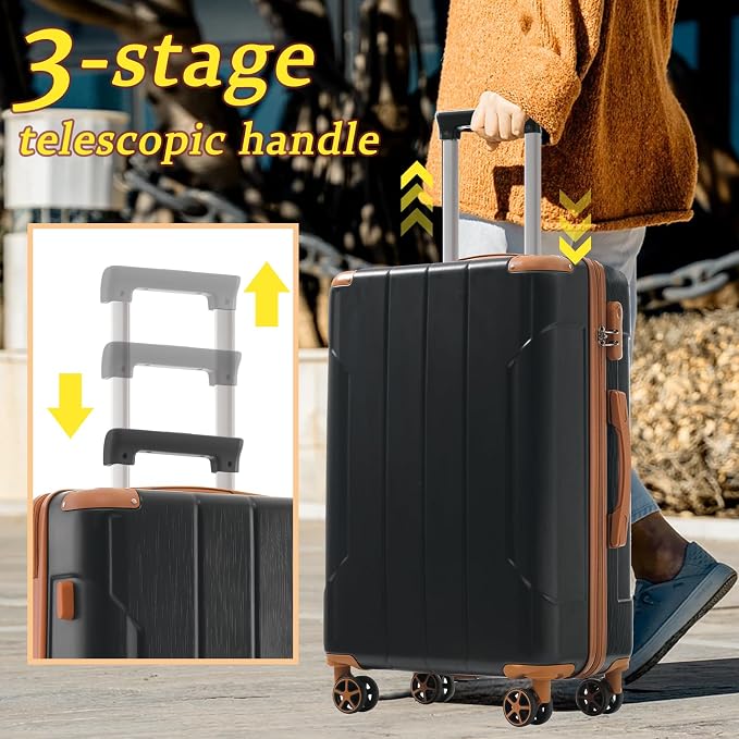 Merax Luggage Set 3 Piece, Hard Shell Suitcase Set with Spinner Wheels, Lightweight and Durable, Telescoping Handle, Carry On Luggage for Business and Vacation Travel (Black Brown) - Image 4