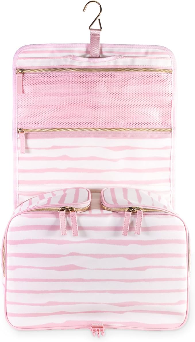 kate spade new york Hanging Toiletry Bag, Goddess Stripe | 8.5" x 12.75" x 6" Travel Organizer with Gold Hook, 2 Large Bottle Compartments, Mesh & Clear Pockets, Nylon & Mesh - Image 2