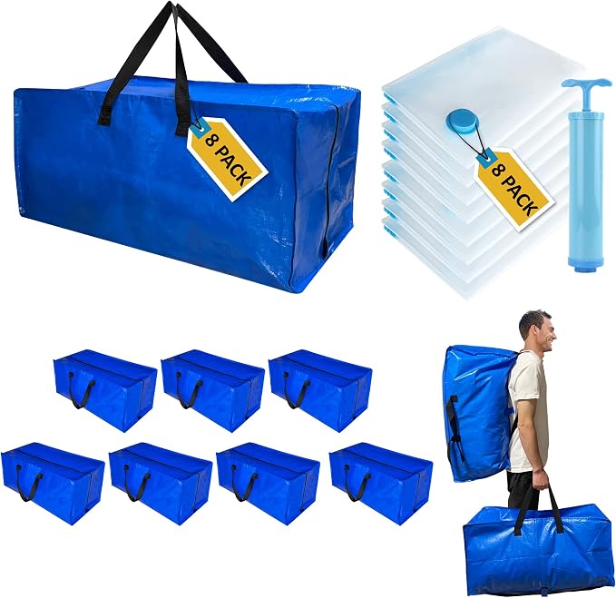 16 Pack Heavy Duty Extra Large Moving Bags with Backpack Straps & Large Vacuum Storage Bags Moving Supply Combo, Moving Totes with Handles & Zippers for Space Saving, Fold Flat, Includes Vacuum Bags by MattEasy