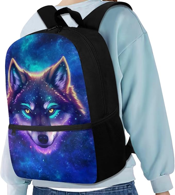 Galaxy Wolf Backpack for Girls Kids Backpack with Lunch Box Water Bottle Holder and Aesthetic Pencil Case 4PCS Set Bookbag with Front Pocket for School 17 inch Soft School Bag with Side Pocket - Image 2