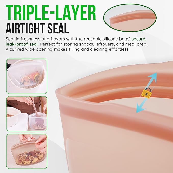 Reusable Silicone Food Storage Bag, 6 Cups, Large Container, Made in Korea BPA-Free Platinum Silicone, Triple-Airtight Freezer Bag, Microwave Safe, Sous Vide, Meal Prep, 51oz, Dry Rose - Image 6